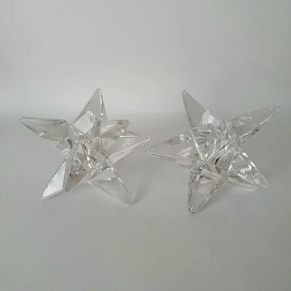 2 Vintage MCM Atomic Sparkling Glass 9-Point Star Shaped Candle Holders